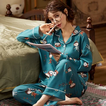 Nye Dovne Pyjamas-Stil Pige 2020 Efterår Og Vinter Fuld Bomuld Kvinder Pyjamas Sæt Med Lange Ærmer Kvinder Nattøj Lange Bukser Pige Pyjamas