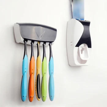 Badeværelse Gadgets Automatisk Tandpasta Dispenser + 5pcs tandbørsteholder Sæt vægmonteringsrack Badekar Mundtlig Badeværelse Tilbehør