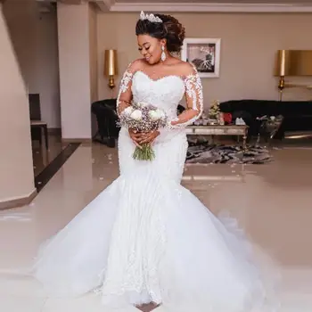 Luksus Perlebesat Havfrue Brudekjole med Lange Ærmer Pynt Perler Afrikansk Bryllup Kjoler Plus Size Vestido de noiva