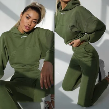 Beyouare Fashion Sport Store Lommer Brev Udskrivning Hoodie Crop Tops Elastisk Talje Bukser, Kvinders Two Piece Suit 2020 Efteråret