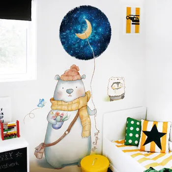Sød Bjørn Wall Stickers DIY Cartoon Animal Boy Girl Kids Rooms Indretning Æstetiske Seng Decortaions Wallstickers Billede Kunst