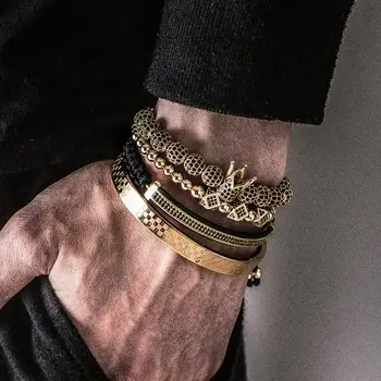 Hot Luksus Guld Justerbar Flettet Armbånd Til Mænd Mandlige Perler Crown Black Cz Zircon Charm I Rustfrit Stål Armbånd Til Mænd-Smykker