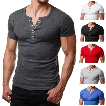 Henley T-Shirt Mænd 2020 Sommer Mode V Hals kortærmet t-Shirt til Mænd Casual Slim Fit Metal Knappen Designet Herre T-shirts XXL