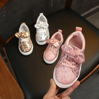 2019 Foråret Efteråret Piger Sko Baby Sneakers Børn Casual Sko Mode Bue-knude, Glitter Læder, Non-slip Fladskærms Prinsesse Sko