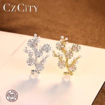 CZCITY Nye Ægte 925 Sterling Sølv Vintage Håndlavet Blomst Cubic Zircon Broche for Kvinder Mode Elegant Broche Pin-Smykker