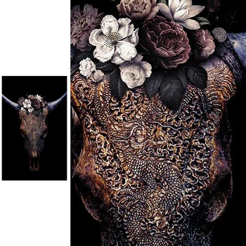 Lærred Maleri væg kunst, Plakater Nordiske Bull kraniet udskåret mønster Bære blomster på dit hoved Værelse Dekoration Moderne kunst maleri