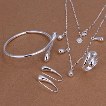 Fint 925 sterling sølv smykker sæt kvindelige lady kvinder bryllup dråber ringe øreringe armbånd halskæde mode smykker sæt S219