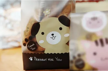 100pcs Poser+100pcs Klistermærker Søde Hund Trykt Plast Cookie Tasker Kage Emballage til Fødevarer Taske Mat Taske Til Gave Macaron Bryllup Kage