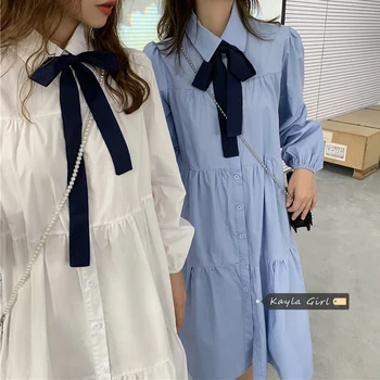 Koreanere lang puff ærmer kjole Preppy Stil, sommer, efterår bue blå hvid skjorte kjole streetwear løs Plisseret kjole vestidos