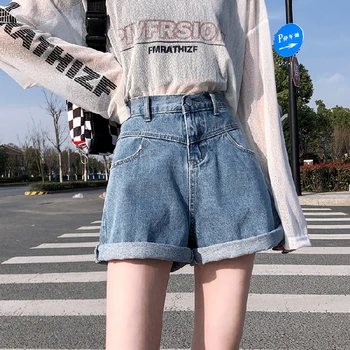 FINEWORDS Høj Talje Blå Denim Shorts Kvinder koreansk Stil Vintage Jean Shorts til Kvinder Sommer Plus Size Kort Casual Szorty Damskie