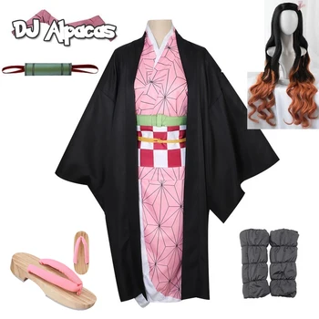 Anime Demon Slayer Kimetsu Ingen Yaiba Cosplay Kvinder Kimono Cosplay Kostume Kamado Nezuko Tomiok Zenitsu Kanawo Parykker Træsko