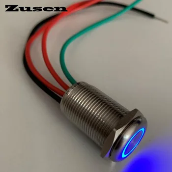 Zusen nye 16mm fladt hoved touch on/off type push button switch med 6-24V led IP67