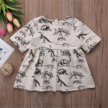 Børn Nyfødte Baby Piger Half Sleeve Dinosaur Prinsesse Kjole Outfits Bomuld 0-3Y O-hals Lange Ærmer Mode Bomuld Baby Tøj
