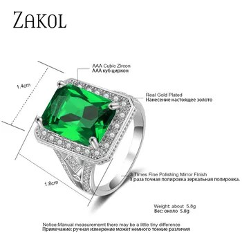 ZAKOL Luksus Big Green Square Crystal Zircon Kvinder vielsesringe Bague Bijoux Femme Engagement ring Tilbehør FSRP2029