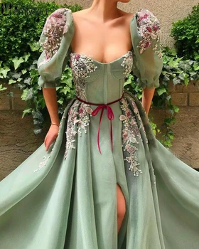 Mint Grøn Muslimske Kjole Til Aften I 2020 Halv Ærmer Høj Slids Blonder Perlebesat A-Linje Dubai Arabisk Aften Kjoler Prom Kjoler Lange