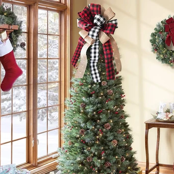 Nyeste Ankomst 17 Stilarter juletræ Topper Rustikke Buffalo Plaid Dekorativ Sløjfe til Holiday Home Party Indretning