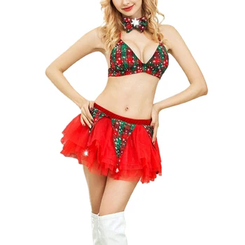 Jul Kostume til Kvinder er Sexet Pige Snefnug Plaid Bh+Mini Nederdel+butterfly+Santa Hat 3 delt Sæt Undertøj Eksotiske Pyjamas, der Passer