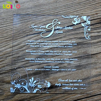 10stk bryllup fordel laserskåret akryl bryllup invitation-kort, farverige print billige pris kinesiske invitationer med box
