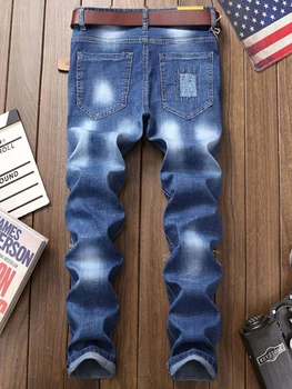 Efterår Og Vinter Mænd Smart Jeans Broderi, Patchwork-Mode Rippet Regelmæssig Blå Stretch Denim Bukser Klassiske Jogging Jeans Mand