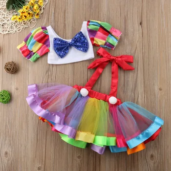 2020 Helt Ny Spædbarn Barn Barn Barn Baby Girl Party Crop Tops Hofteholder Chiffon Kjole Farverige Outfits Festival Tøj 1-6T