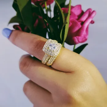 Luksus guld farve 925 Sterling Sølv Ring Sæt Bryllup Engagement Mode for par par ladys Kvinder smykker R3400S-golden