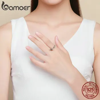 BAMOER Ægte 925 Sterling Sølv Klassiske Fjer, Vinger Justerbar Finger Ringe til Kvinder, Bryllup, Engagement Smykker SCR457