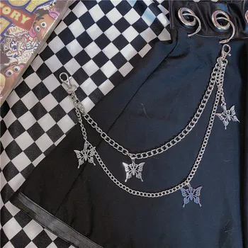 Punk Sølv Farve Butterfly Charm Bukser Kæde Bælte Nøglering Talje Kæde Jeans Lang Metal Tøj, Tilbehør, Smykker Mode