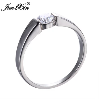 JUNXIN Krystal Runde Mand Kvinde Hvide Enkelt Ring i Sølv Farve Løfte Engagement Ringe Til Mænd Og Kvinder