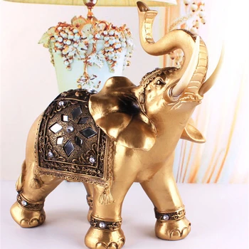 Gyldne Harpiks Elefant Statue Heldig Feng Shui Elegante Elefant Kuffert Statue Heldig Rigdom Figur Håndværk Pynt Til Hjemmet Gave