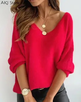 Kvinder Trøjer Bluse Med Lange Ærmer V-Hals Fluffy Sweater Mode Solid Dame Trøjer Top