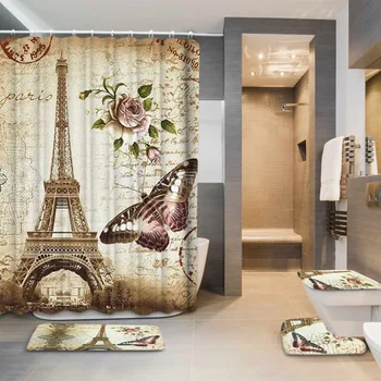 Eiffel Paris Landskab Print Badeværelse Badeforhæng Sæt Vandtæt Anti Slip Piedestal Tæppe Låg Toilet Dække Bademåtte Sæt