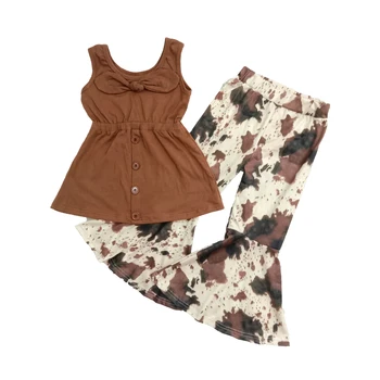 Mode sommer pige ærmeløs tøj brun tank-top match bell pants med mælk koen mønster pige outfit boutique-kids tøj