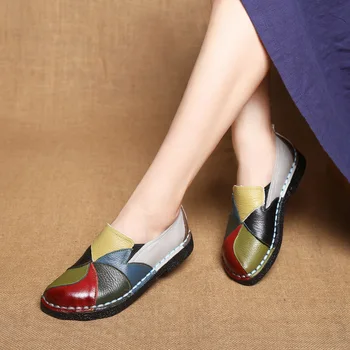 Kvinder Læder Loafers Slip på Syning Flade Sko Platform Damer Patchwork Mode Afslappet Kvindelige Komfort Sko PU Læder Flats