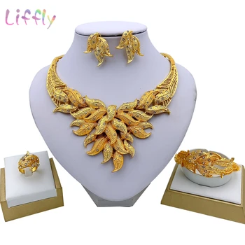 Liffly Mode Smykker Sæt Afrikanske Kvinder Guld Halskæde, Armbånd, Øreringe Og Ring Smykker Bryllup Brude Luksus Smykker Sæt