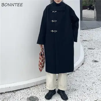 Blander Kvinder Harajuku Japansk Stil Sort Stilfulde Coats Hooded Daglig Single Breasted Varm Vinter Lang Længde Baggy Tøj