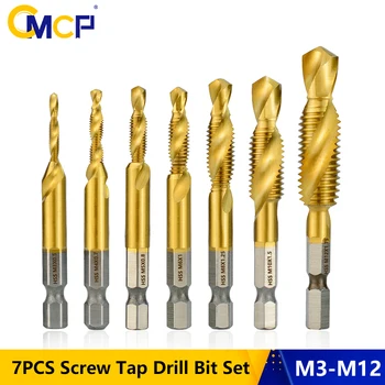 CMCP 7PCS M3-M12 Skrue Tryk på Drill Bits 1/4 Sekskantet Skaft med HSS Spiral Tråd Tryk på TiN-Belægning Variabel Kombination Bit