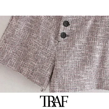 TRAF Kvinder Vintage Stilfulde Houndstooth Tweed Mode Shorts med Høj Talje sidelommer Kvindelige Korte Bukser Casual Pantalones Mujer
