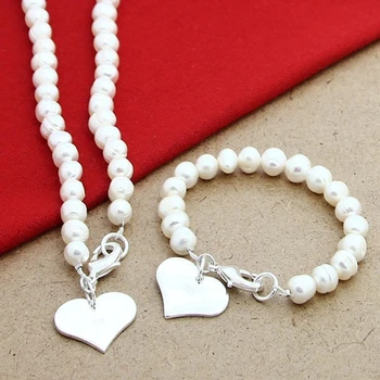 Brude Smykker Sæt 925 Sterling Sølv Natural Pearl Hjerte Halskæde Armbånd Sæt Til Kvinder, Bryllup, Engagement, Gift