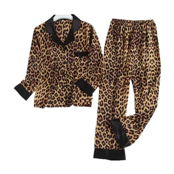 Kvinder Nightshirt Fornemme Leopard Pyjamas Sæt Med Lange Ærmer Nattøj Sæt Natkjole Homewear Pyjama Femme Bløde Faux Silke Satin