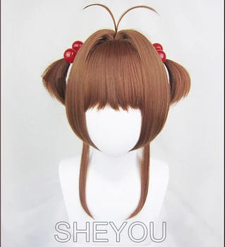 Cardcaptor Sakura Kinomoto Sakura Parykker Stil Syntetisk Hår Perucas Cosplay Paryk + Røde Perler Hairbands