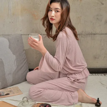 Kvinder Tøj 2018 Efteråret langærmede Bukser Modal Tynd Pyjamas Solid Pyjamas V-Hals Pijamas Loungewear Nattøj Pj Sæt