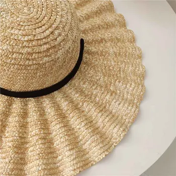 Elegant Sort Natural Strå Hat Kvinder med snøre Wide Brim Lotus Blad stråhatte Bånd Pige Sommer UV-solhat Strand Hat