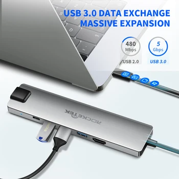 Rocketek Type C USB 3.0 HUB til Multi 4K HDMI-kompatibel RJ45 Adapter Dock til MacBook Pro PD 3.1 Port SD/TF Micro SD-Kort-læser