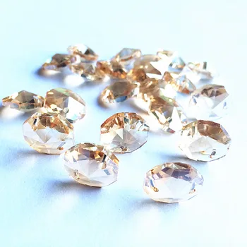 Top Kvalitet 100pcs Chamagne Krystal 14mm Ottekant Lysekrone Dele i To huller (Gratis Ringe) Diy Glas Tråde Guirlande Perler