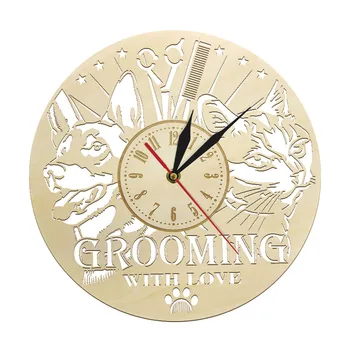 Pet Shop Grooming Med Kærlighed 3D Træ-Stort vægur Moderne Design Slient Retro Horloge Se reloj forhold Dog Groomer Gave