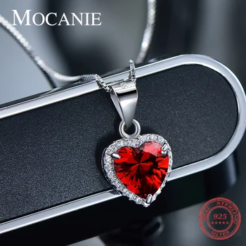 Mocanie Ægte 925 Sterling Sølv, Romantisk Rød Krystal Hjerte Vedhæng Neklace for Kvinder Box Chain Fine Smykker Valentine ' s Gave
