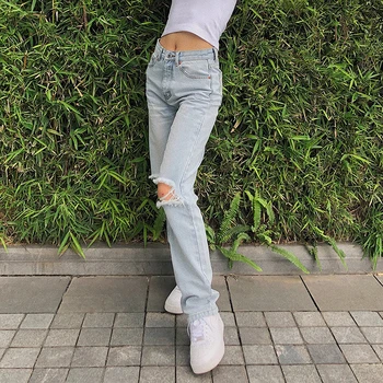 Mødre Rippet Baggy Jeans Med Høj Talje, Straight Bukser 2020 Mode Afslappet Løse Bukser
