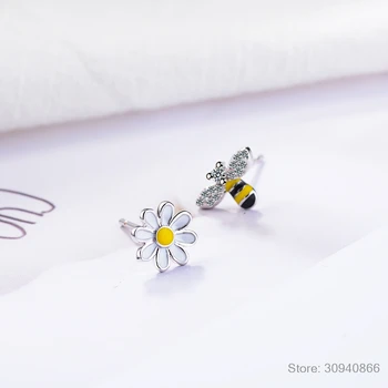Dejlig Asymmetrisk Bee Sun Flower Zircon Øreringe Til Kvinder Girl 925 Sterling Sølv Øreringe boucle d'oreille S-E644