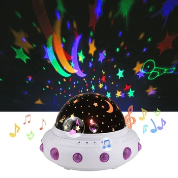 UFO Formen Musik Stjerneklar Stjernede Håndlangere Projektion Nat Lys Romantisk Rotere LED USB Batteri Bord Lampe til Baby Sovende Børn