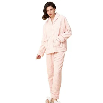 Efterår og Vinter Kvinder Pyjamas Pyjamas Sæt Nattøj Passer Tyk Varm Koral Flannel natkjole Kvindelige Pijama Mujer